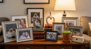 Behind sofa table with personal decor and photos