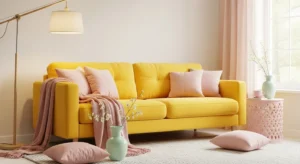Yellow couch paired with pastel tones for a soft and calming living room