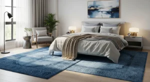 Blue rug adding warmth and structure to a bedroom