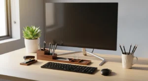 Desk organizer keeping a dorm workspace neat and tidy