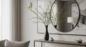 Tall vase with branches behind sofa table