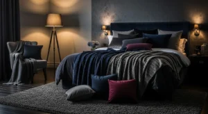 Soft textiles making a dark bedroom feel cozy and inviting