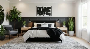 Black and white bedroom with natural elements adding warmth