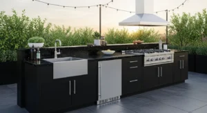 Modern outdoor kitchen with black and steel finishes