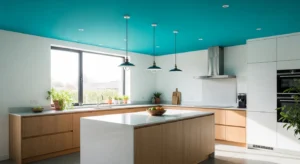 Painted ceiling adding a unique color element to a kitchen