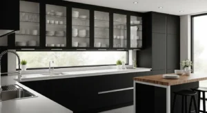 Glass elements softening a black kitchen