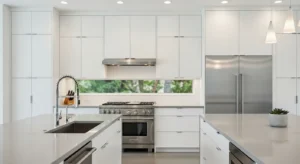 Stainless steel elements adding contrast to a white kitchen
