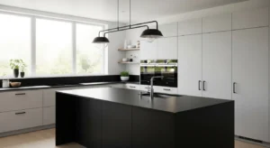 Black kitchen island creating bold contrast