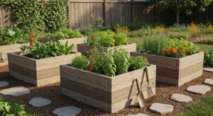 Rustic raised beds made with reclaimed wood