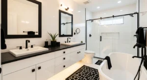 Black accents enhancing a white bathroom