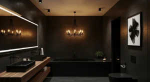 Full dark bathroom creating a dramatic luxury look