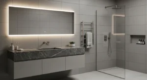 Metallic accents enhancing grey bathroom