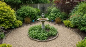 Bird bath as centerpiece in garden