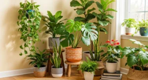 Indoor plant cluster in living room corner