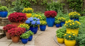 Color-coordinated pots creating cohesive look