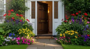 Flower beds framing house entrance