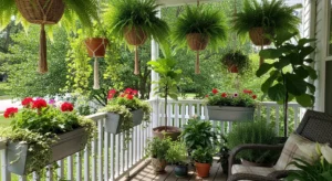 Hanging plants adding layers to porch