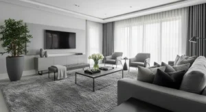 Grey rug anchoring living room design