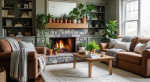 Plants adding freshness to fireplace area