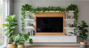 Plants softening modern TV wall