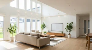 Beige sofa in open airy layout creating a spacious living room