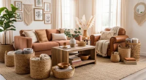 Woven baskets in vintage living room adding texture and storage