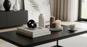 Black coffee table styled for modern living room look
