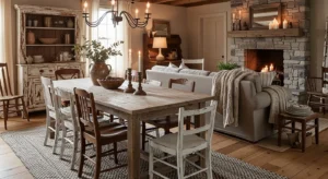 Distressed finishes creating authentic farmhouse charm