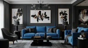 Blue sofa with dark accents creating contrast and depth