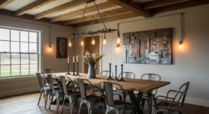 Industrial touches blending with farmhouse dining room style