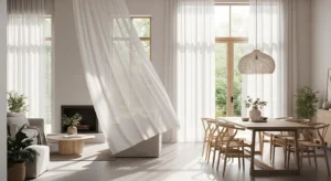 Curtains framing living dining combo space beautifully