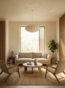 Balanced Japandi living room with calming minimal aesthetic