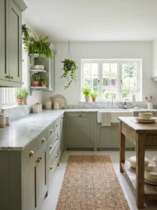 Soft green kitchen cabinets creating a calming and modern look