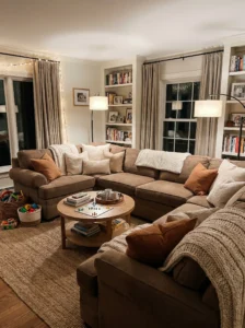 Brown sectional sofa living room designed for a cozy and family-friendly space