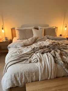 Neutral bedroom with layered throw blankets for added depth