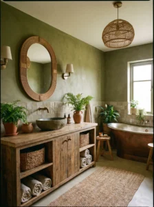 Olive green bathroom with natural textures and organic design