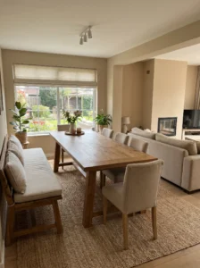 Dining bench seating in living room dining room combo space