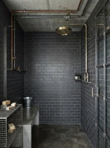 Industrial style shower with exposed pipes and dark modern design