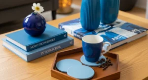 Blue accents on coffee table