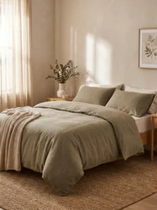Dusty olive and beige bedroom with calming earthy tones