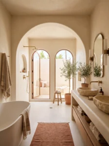 Arched shower entry adding soft architectural detail to bathroom