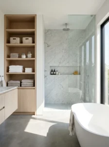 Bathroom with built-in storage shelves and shower niche design