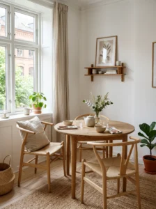 Cozy Scandinavian kitchen dining nook with minimal wooden furniture