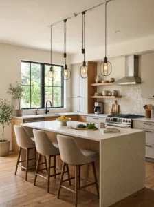 Adjustable pendant lights over kitchen island with modern flexible design