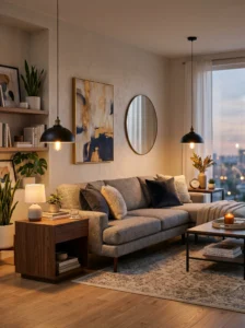 Pendant lights over seating area adding stylish lighting