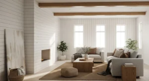 White shiplap walls adding texture to a minimalist living room