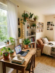 Indoor plants adding a fresh and cozy touch to teen bedroom decor