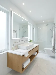 White bathroom with chrome finishes enhancing brightness and shine