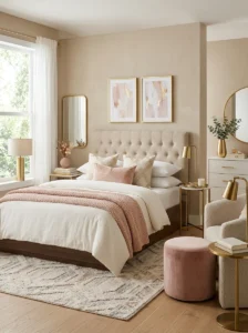 Warm accent colors in a luxury bedroom adding depth and softness