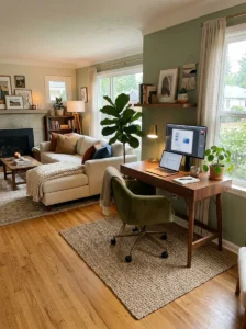 Small rug defining office space in living room